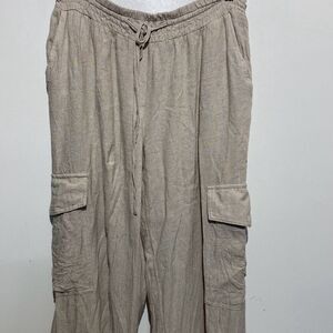 Blue Sol Women's Cream Drawstring Linen Blend Wide Leg Cargo Pants Size Medium
